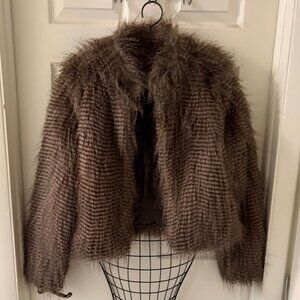 Allen B by Allen Schwartz Cropped Faux Fur Coat Brown/Beige 80s 90s Y2K Vegan